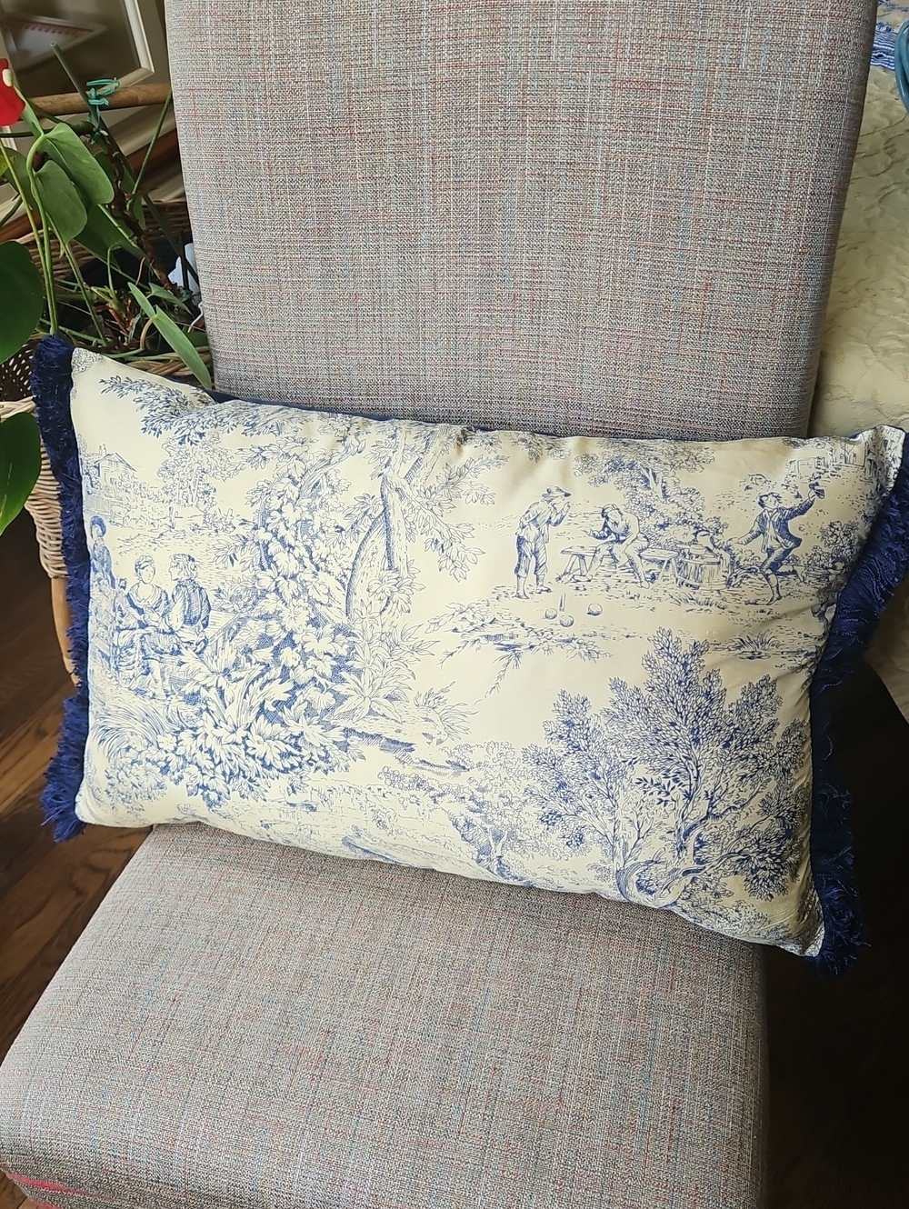 Blue and Cream Toile Decorative Fringe Throw Pillow